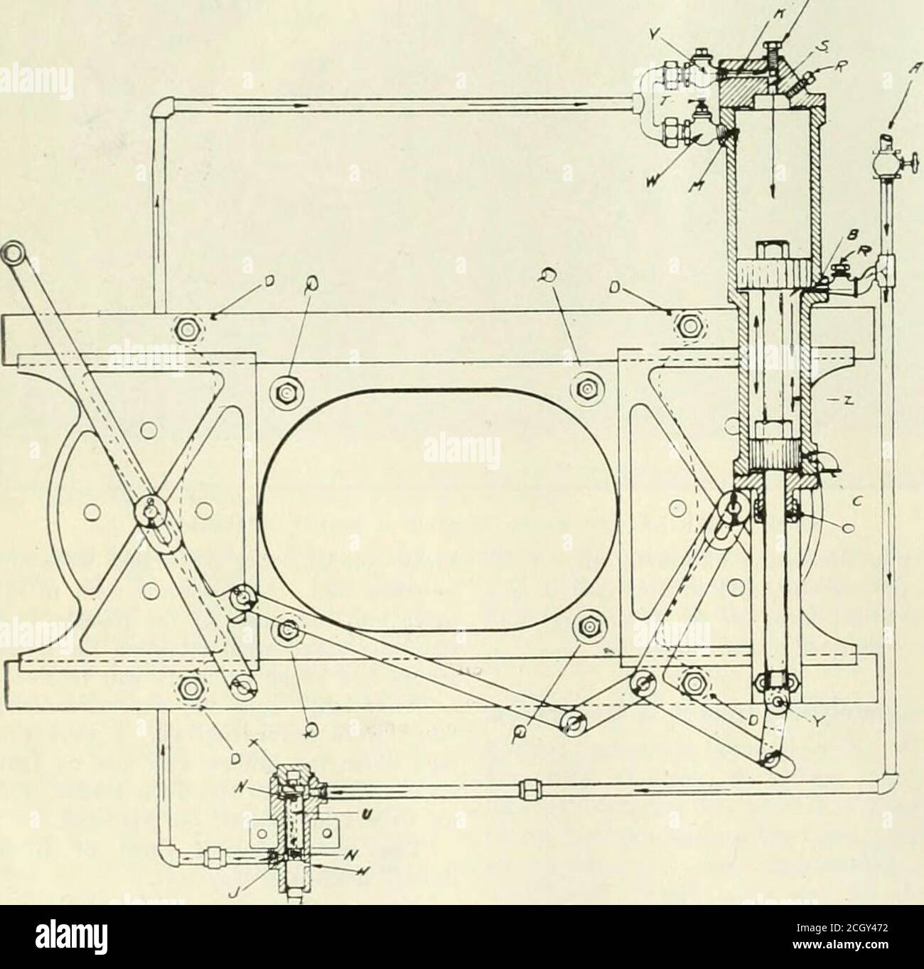 . Railway and locomotive engineering : a practical journal of railway motive power and rolling stock . he four project- the foot valve as shown. By casting thedoor-ring in blank, holes can be drilledto suit old studs, making it an easy mat-ter to apply this device to a locomotiveformerly equipped with old-style swing-ing door. The opening of valve A from mainair reservoir blocks the air within cham-ber Z and also within G of foot valve,the pressure against larger area of up-per piston head, thus holding the doorsshut. Foot pressure on pedal P lifts foot-valve stem off its seat, closes port H a Stock Photo