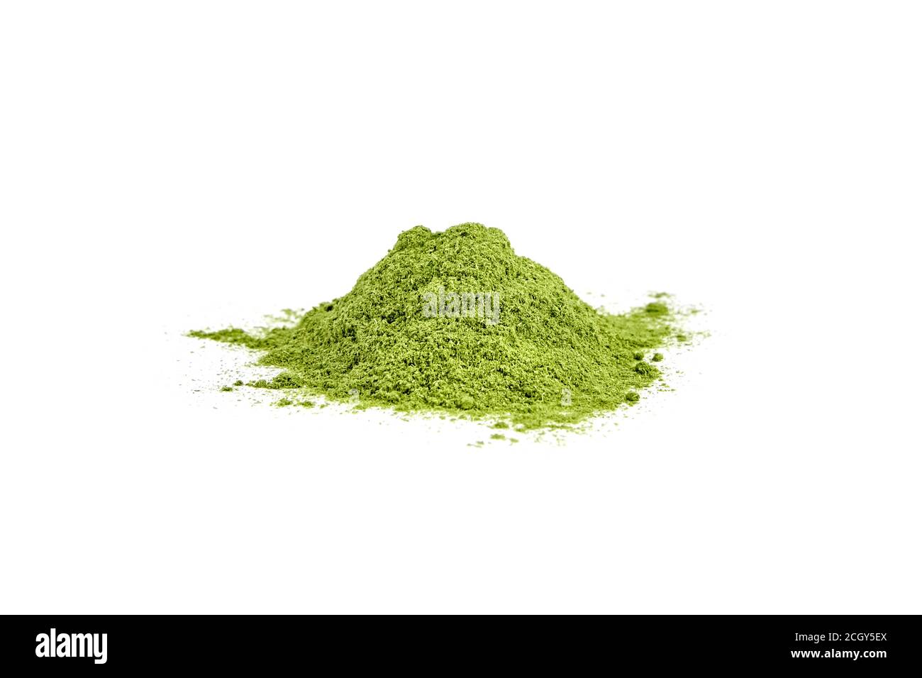 Green freeze dried wheatgrass powder heap isolated on white background