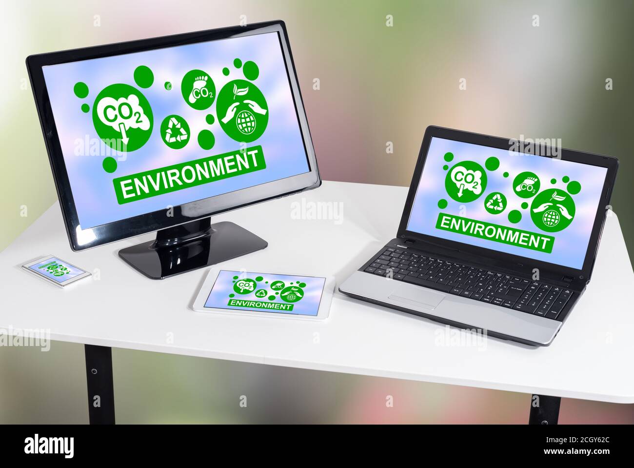 Environment concept shown on different information technology devices Stock Photo