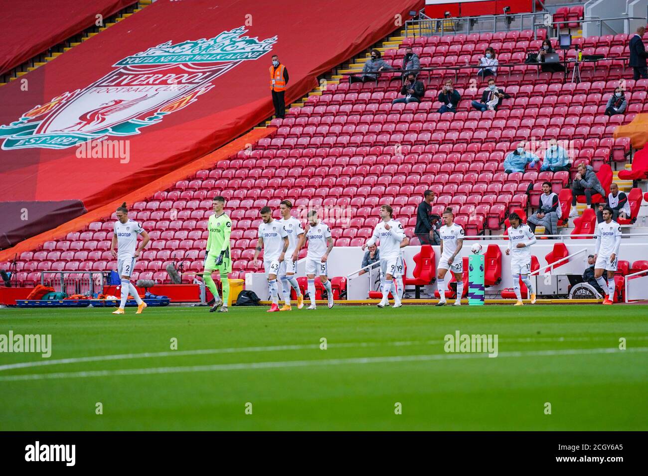 Leeds United enter the field during the English championship Premier League football match between Liverpool and Leeds United on September 12, 2020 at Stock Photo