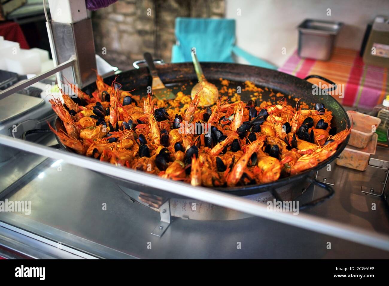 paella. street food. seafood dish mussels and shrimp Stock Photo Alamy