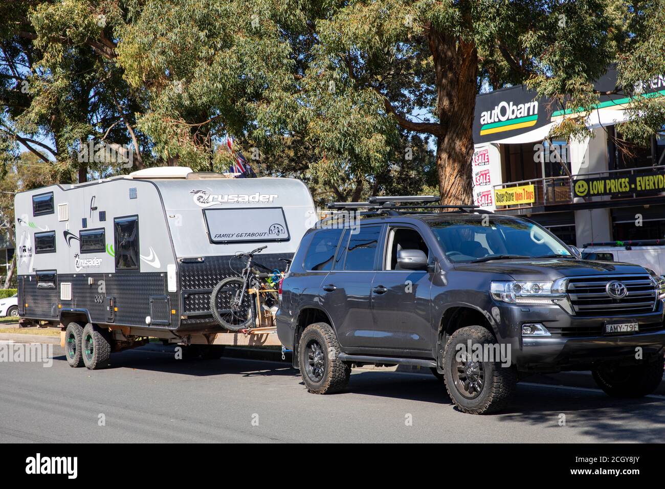 Touring and overlanding set up, Toyotas landcruiser tows a camper caravan unit,Sydney,Australia Stock Photo
