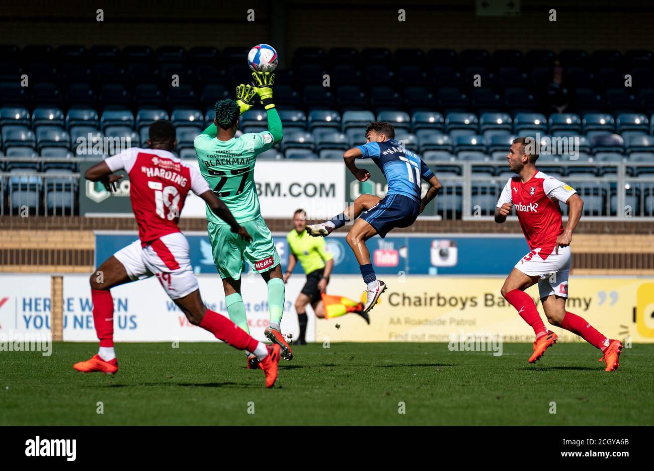 High Wycombe, UK. 12th Sep, 2020. Scott Kashket of Wycombe Wanderers lobs Goalkeeper Jamal Blackman of Rotherham United only to see it cleared off the line during the Sky Bet Championship match between Wycombe Wanderers and Rotherham United at Adams Park, High Wycombe, England on 12 September 2020. Photo by Liam McAvoy. Credit: PRiME Media Images/Alamy Live News Stock Photo