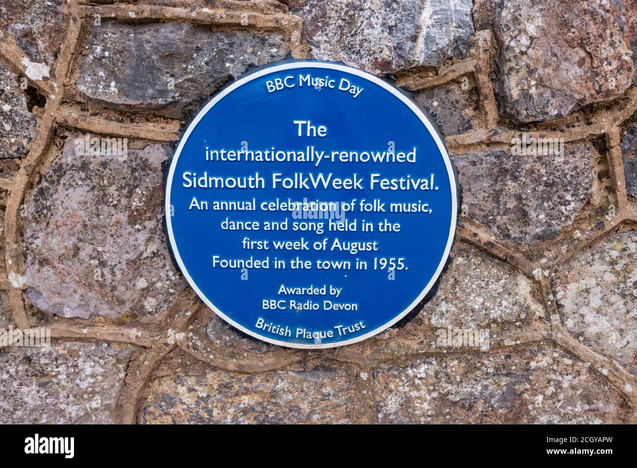 Blue plaque for the BBC Music Day, the annual Sidmouth FolkWeek Festival held in August in Sidmouth, a coastal town in Devon on the south coast Stock Photo