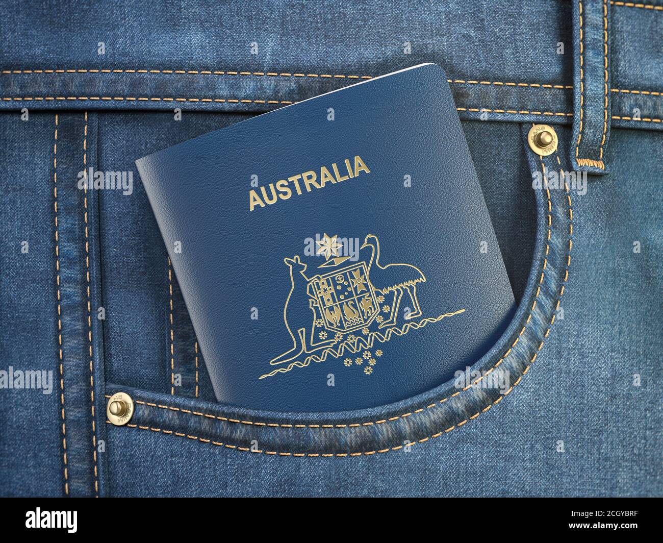 Passport of Australia in pocket jeans. Travel, tourism, emigration and passport control concept. 3d illustration Stock Photo