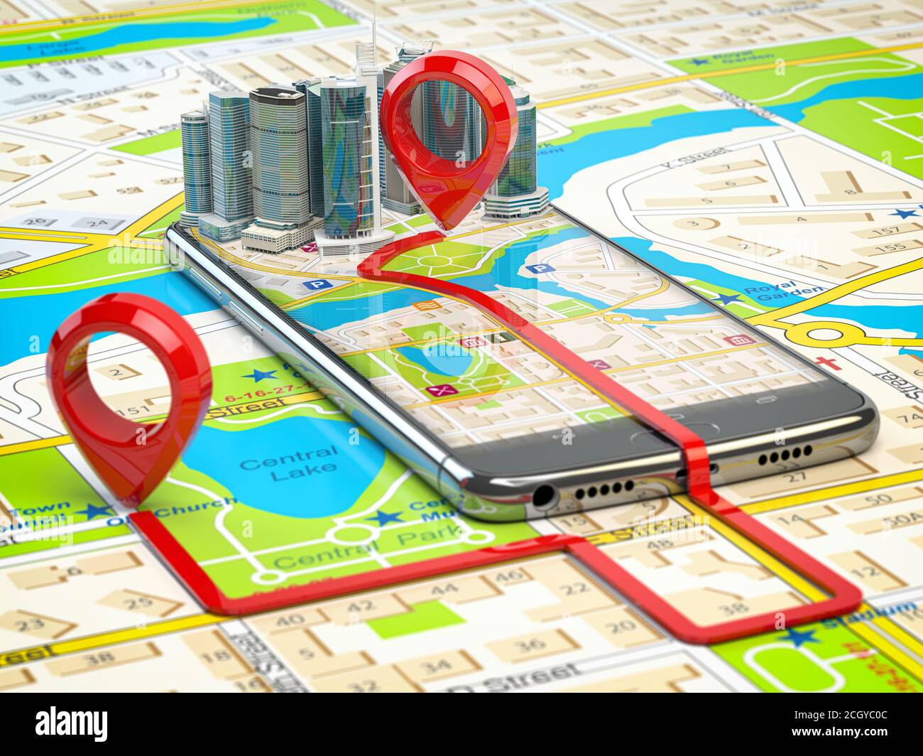 GPS navigation concept. Smartphone app with skyscrapers and two pins with route on city map. 3d illustration Stock Photo