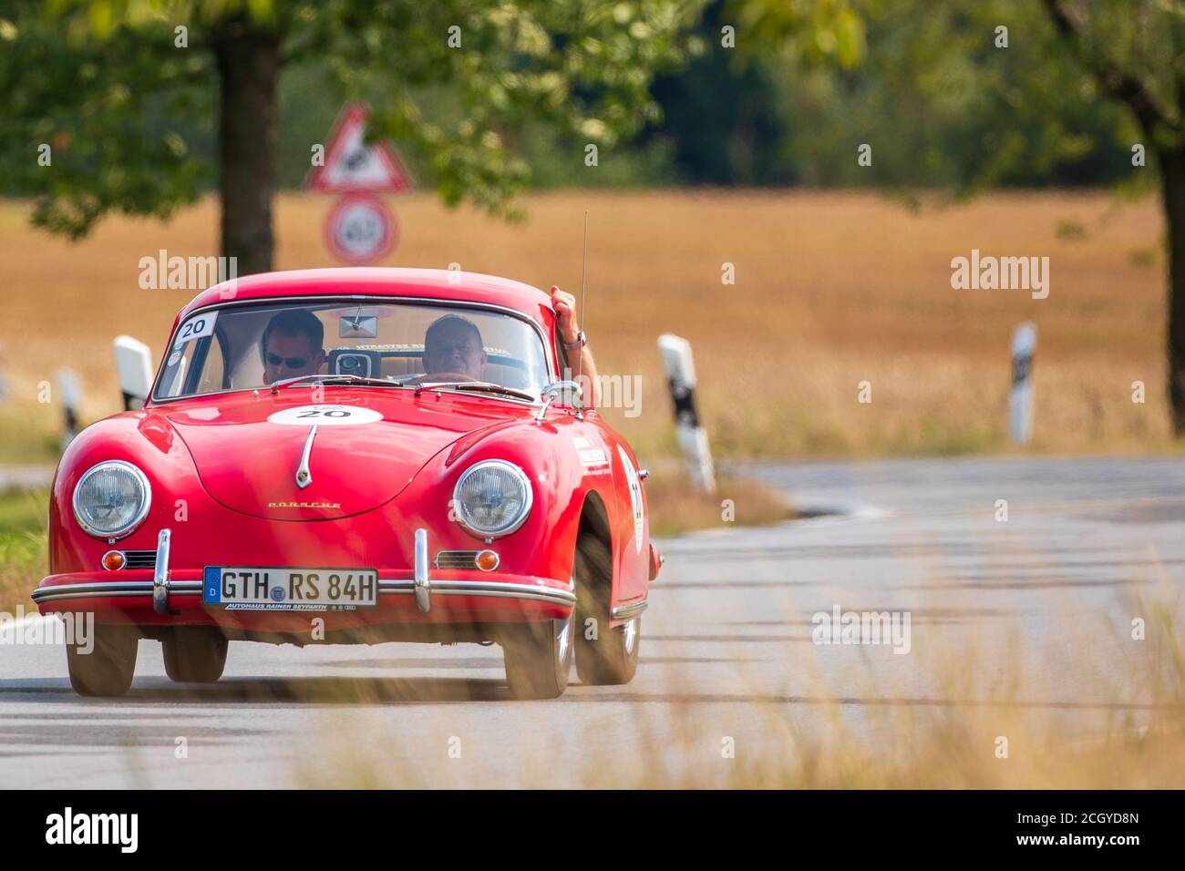 Saupsdorf, Germany. 12th Sep, 2020. Rainer Seyfarth and Matthias Dorl drive their Porsche with the starting number 20 at the 8th Rallye Elbflorenz 2020 on the track in Saxon Switzerland. A total of 198 vehicles are taking part. Credit: Daniel Schäfer/dpa-Zentralbild/dpa/Alamy Live News Stock Photo