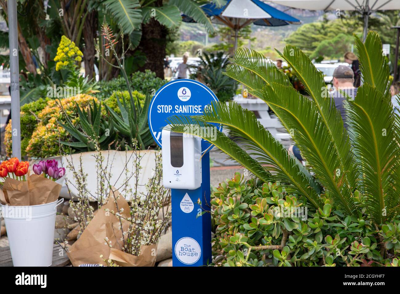 The Boat house restaurant in Palm beach with hand sanitiser covid 19 precautions at entrance to the cafe,Sydsney,Australia Stock Photo