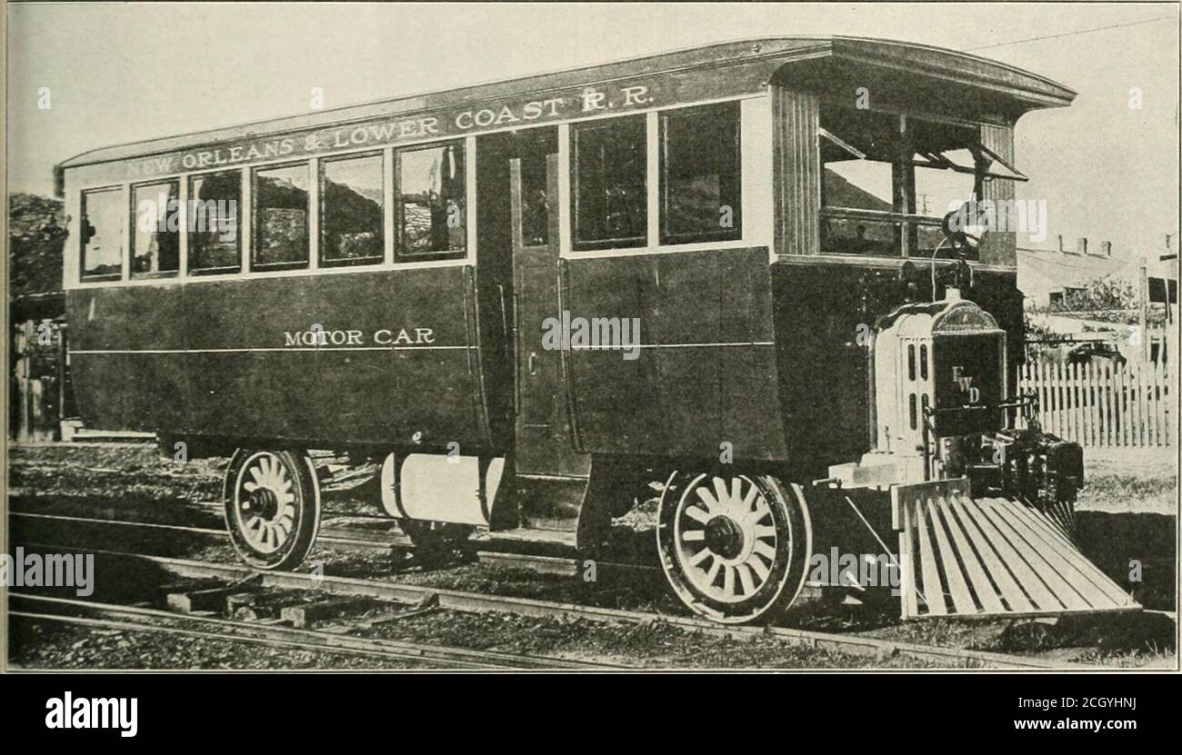 . Railway mechanical engineer . ing capacity to meet traftic demands. Details of Design The standard rail motor car chassis weighs 8,400 lb. andhas a 13-ft. wheelbase. The frame is 16 ft. 8 in. long and.&gt; ft. wide. The wheels are 36 in. diameter with rolled steelrims of M. C. B. contour. Both axles are of the rigid type,full floating. The engine has four cylinders, each 5.1 in.diameter by 5.5 in. stroke, and a power rating of 42 hp.,. Four-wheel Drive Rail Car Used on a Sixty-Mile Run Between New Orleans and Buras to a depth of appro.ximately one foot and in places1 to a depth of two feet. Stock Photo