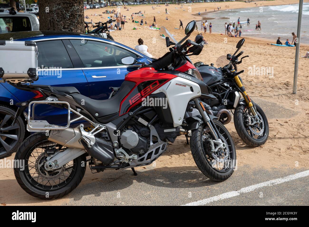 Ducati 1260 multistrada motorbike at Palm beach in Sydney,Australia Stock Photo