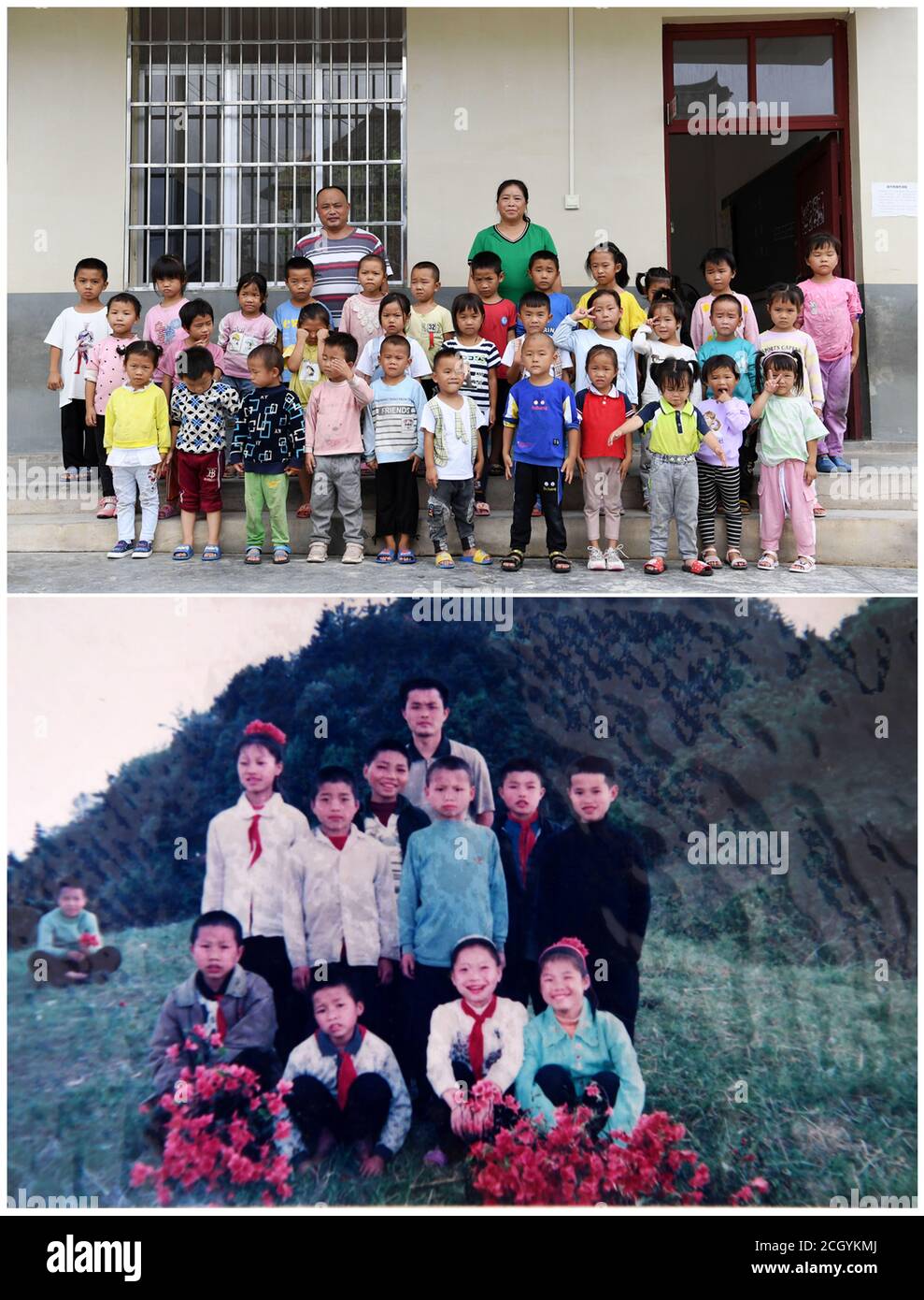 (200913) -- RONGJIANG, Sept. 13, 2020 (Xinhua) -- This combo photo shows Gun Luquan and Pan Mingzhen posing with students at Miaoben Primary School in Rongjiang County, southwest China's Guizhou Province (top, photo taken on Sept. 9, 2020); and an undated file photo of Gun posing with students during a school trip years ago (bottom).  Gun Luquan and his wife Pan Mingzhen are a teacher couple who dedicated themselves to rural students at Miaoben Primary School for more than 20 years in mountainous Rongjiang County. As the school's only two remaining teaching staff members, Gun and Pan have neve Stock Photo