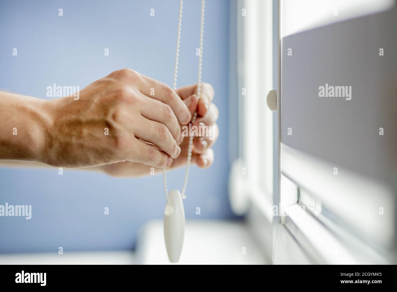Man testing cassette roller blinds on windows. Stock Photo