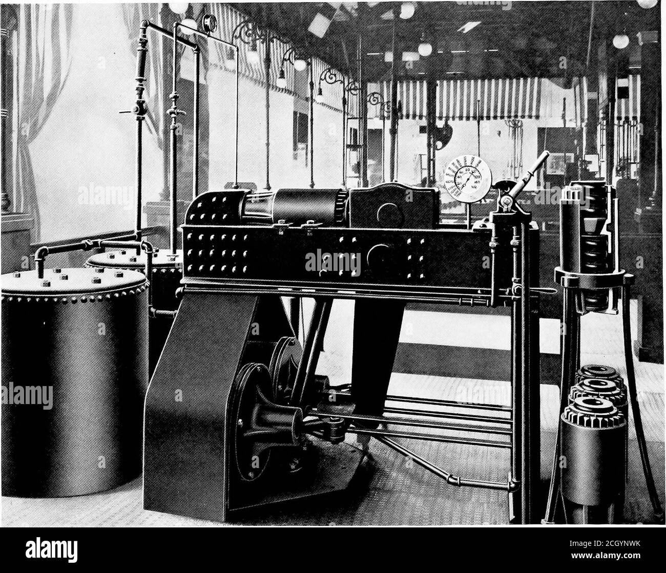 . The Westinghouse Companies exhibits at the International Railway Congress, Washington, Nineteen hundred and five . , and effects a still greater saving in high-pressure service, promises a considerable fuel economy. In general appearance, althoughsomewhat longer, it resembles the single air cylinder pump, but has three cylinders placedvertically in tandem—the two lower ones, joined by a thin center piece, constituting theair end, and the upper one a steam cylinder of the regular Westinghouse type. Thetwo air cylinders are of the same diameter, 11 inches, but the steam cylinder, to effect ast Stock Photo