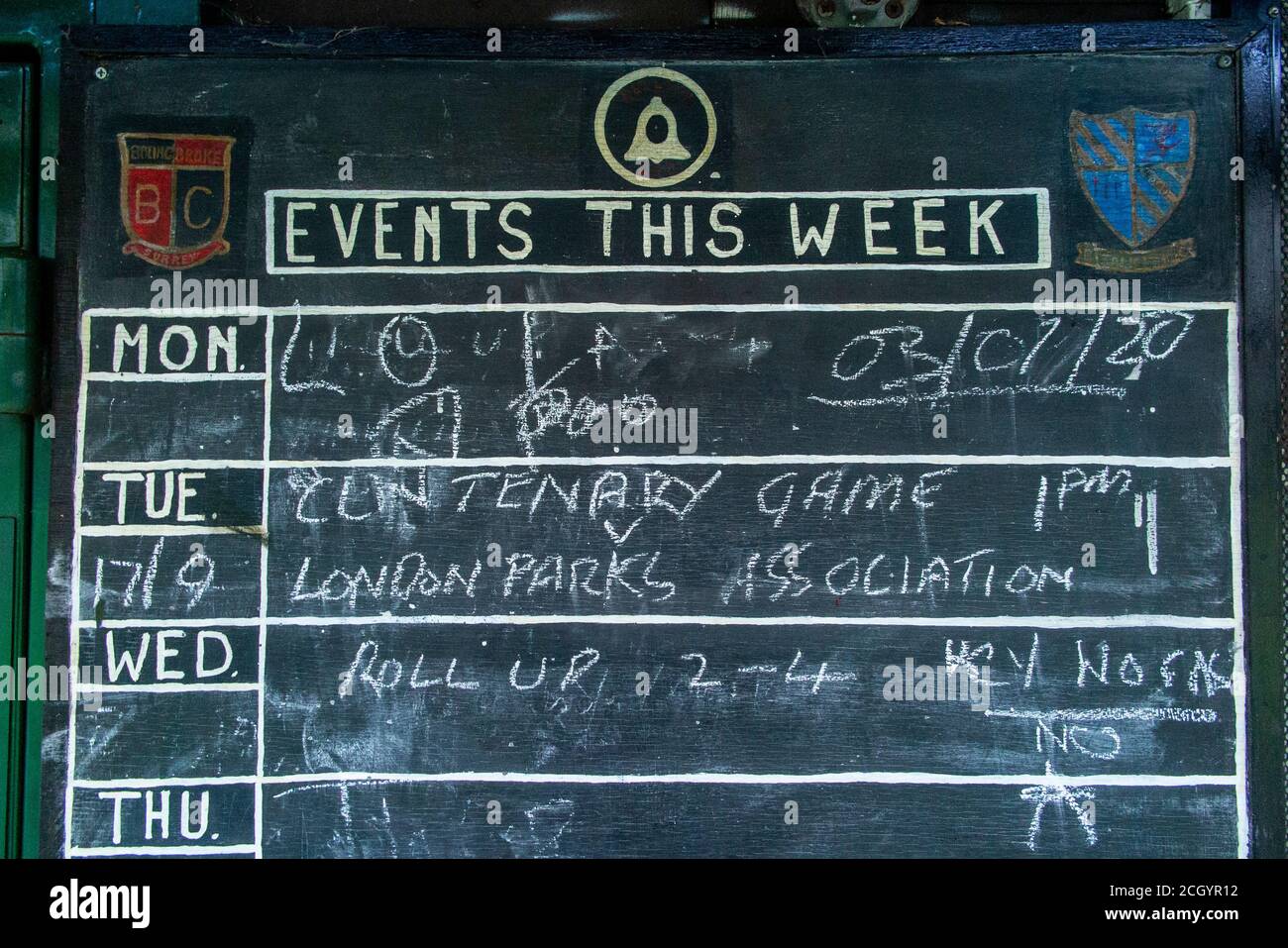 Events this week - a bowling green scoreboard with rude word added by a joker Stock Photo