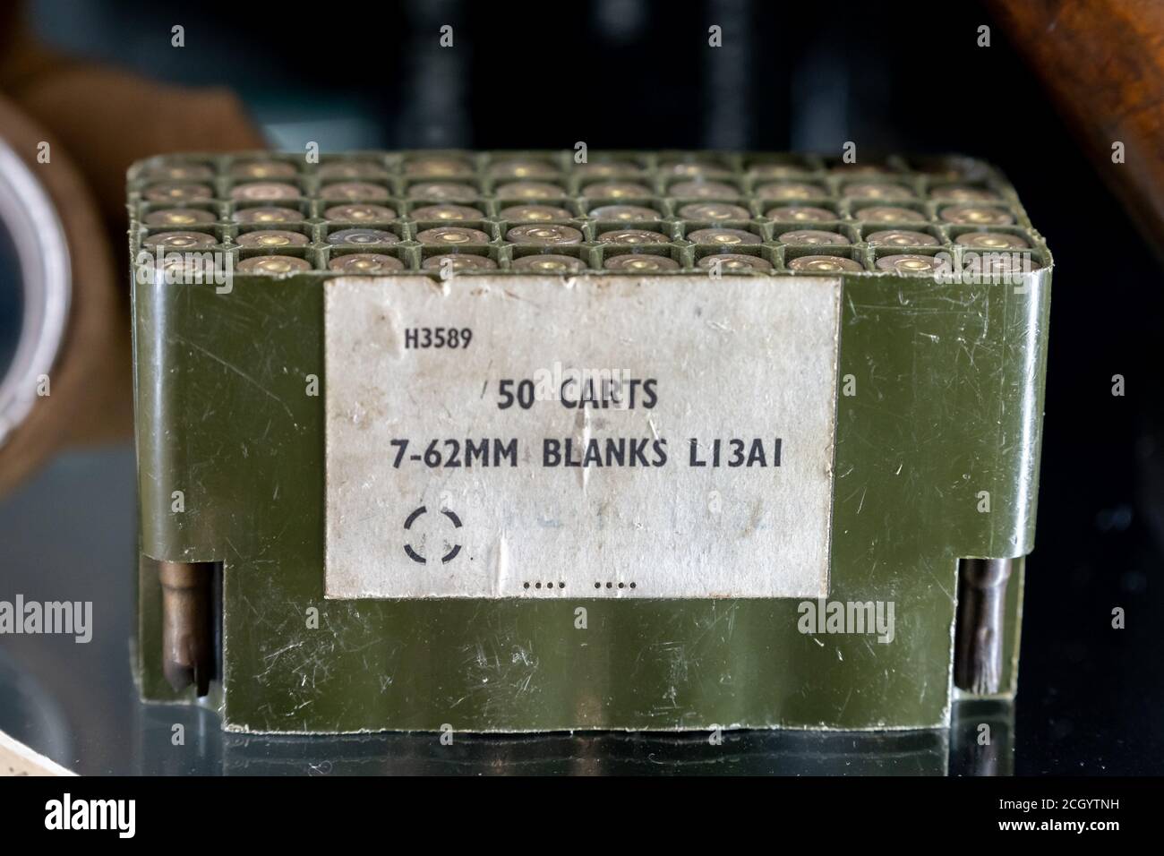 A box of 50 7.62mm blanks L13A1 bullets on display in a museum Stock Photo