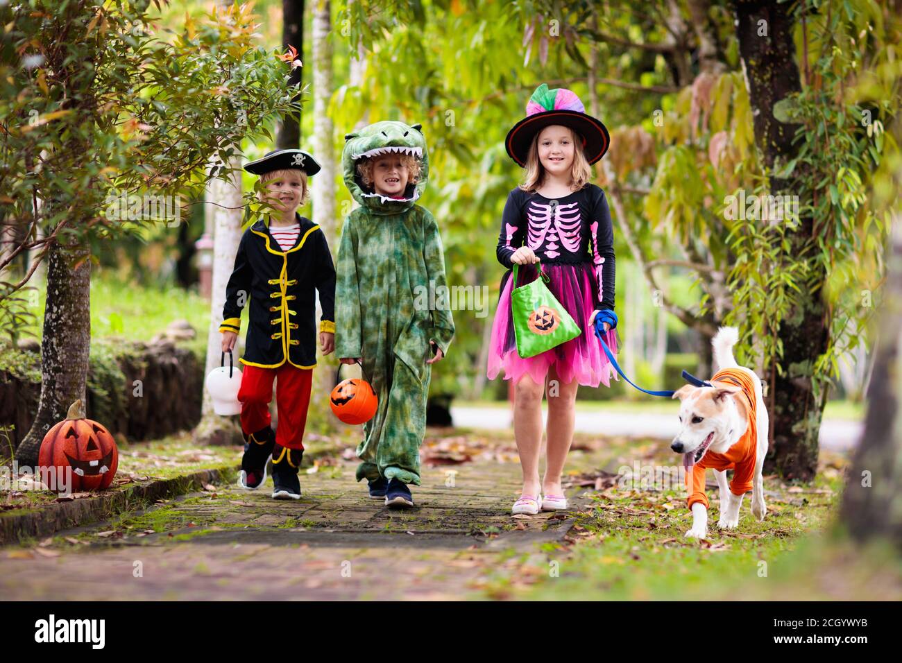 Kids trick or treat in Halloween costume. Children in colorful dress up