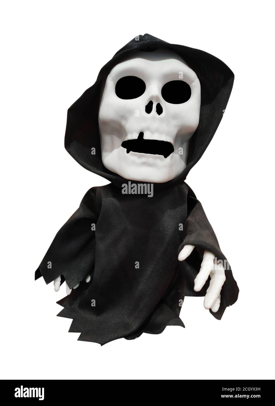 Halloween symbol on a white background. Death Halloween Toy in a black cape isolated on a white background Stock Photo