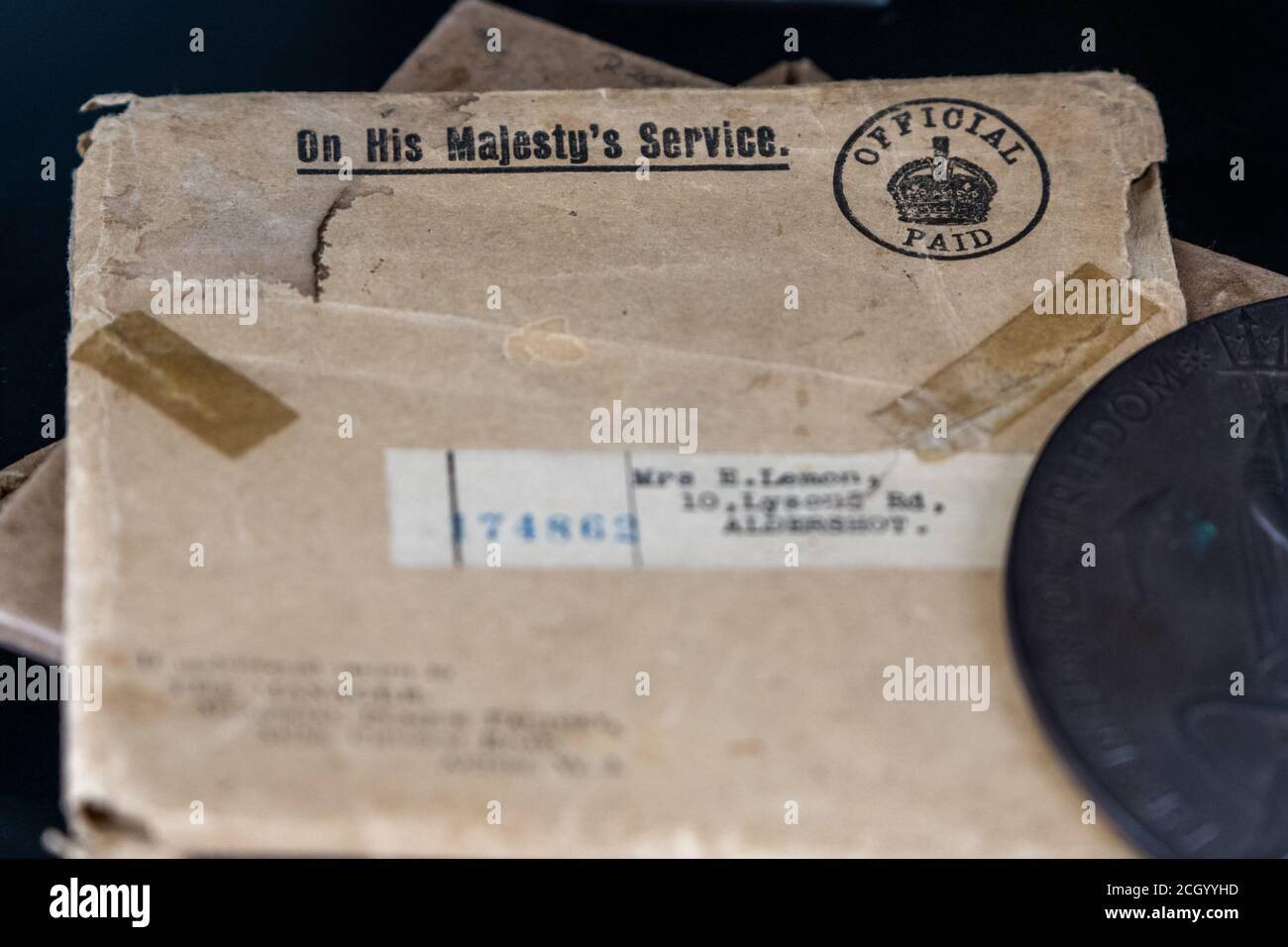 Official army Document from WW2 with 'On his Majesty's service' on the front.  Stock Photo