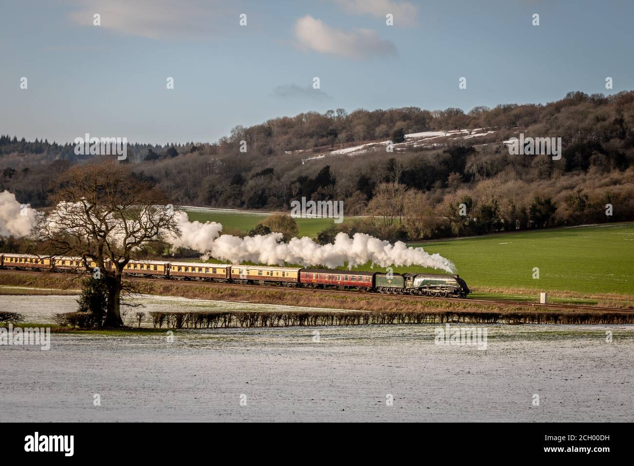BR 'A4' 4-6-2 No. 60009 'Union of South Africa' passes near Abinger Hammer in Surrey, England, UK Stock Photo