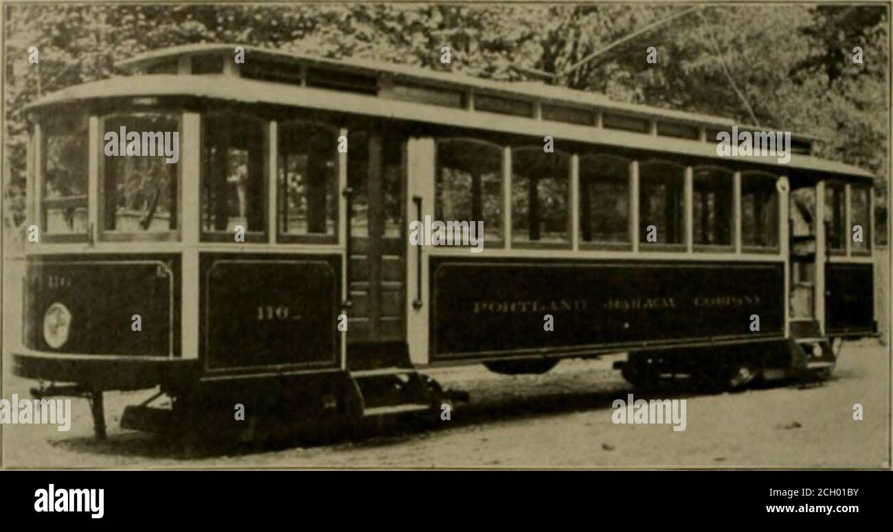 . The street railway review . he renurked thai these carsarc very narrow, a condition necessitated hy the nar-row streets of Portland, many of which arc hut 36ft. between cnrhs, and the sliarp curves at streetintersections. ihe rehuilt cars have tloor frames of practicallythe s.nuie construction as the new ones, but the closedportion of the car is an old i6ft. body set on top olthe side sills. All the new cars are mounted on maximum trac-tion trucks built after designs of Mr. Frank I. Ful-ler, general man.igor of the company, in which caststeel frames are used. The motors are G. E.-s8.Maxininn Stock Photo