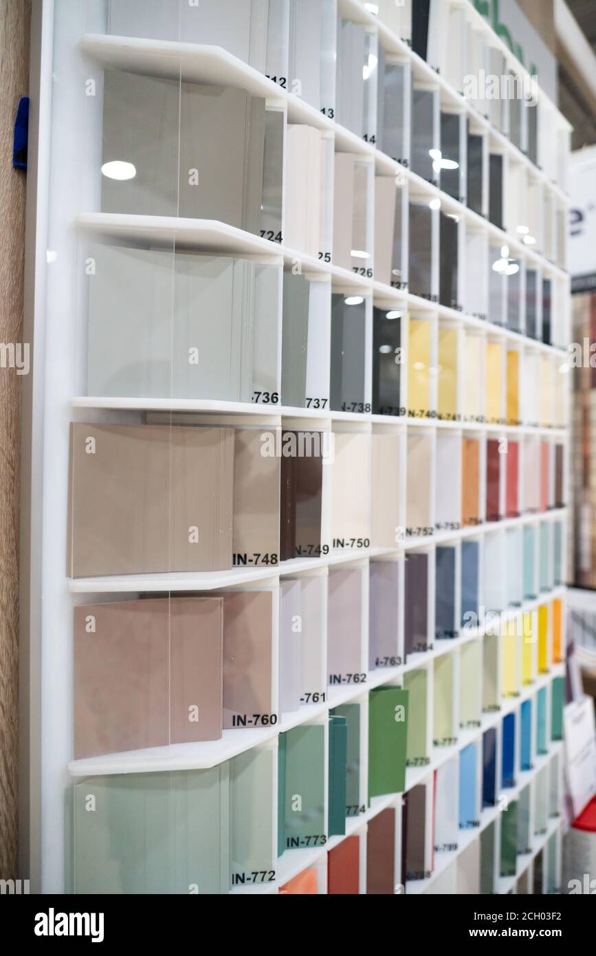 Samples of the color palette of finishing materials for the interior Stock Photo