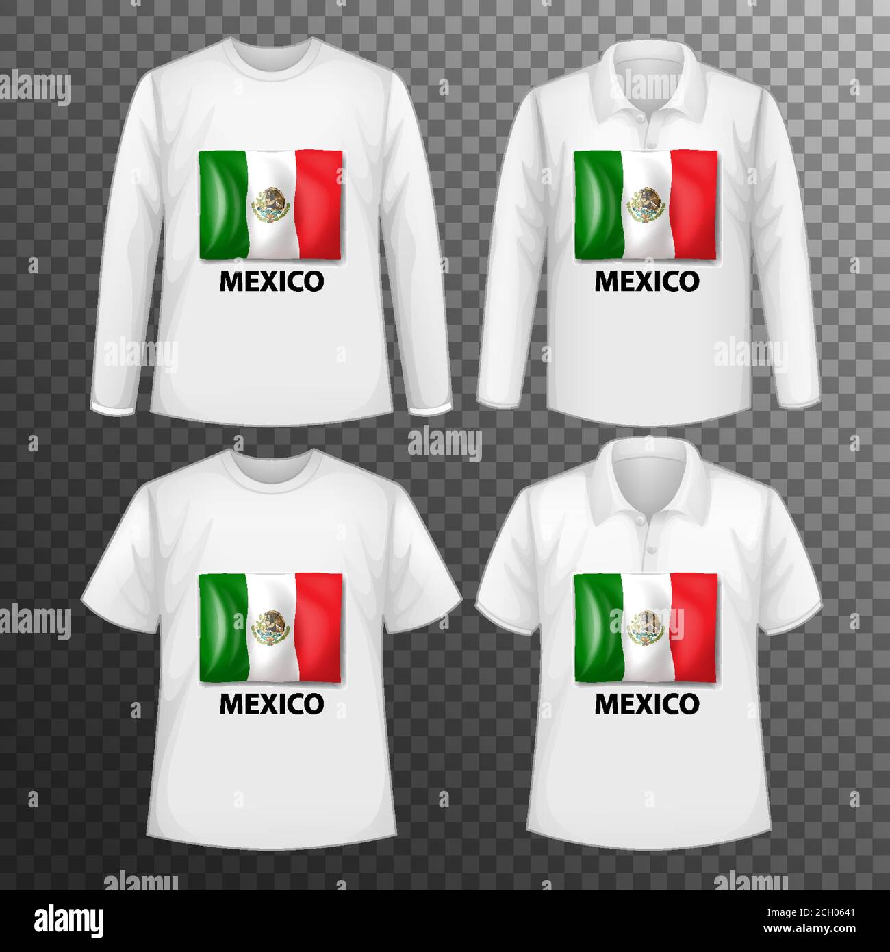 Set of different male shirts with Mexico flag screen on shirts isolated illustration Stock Vector