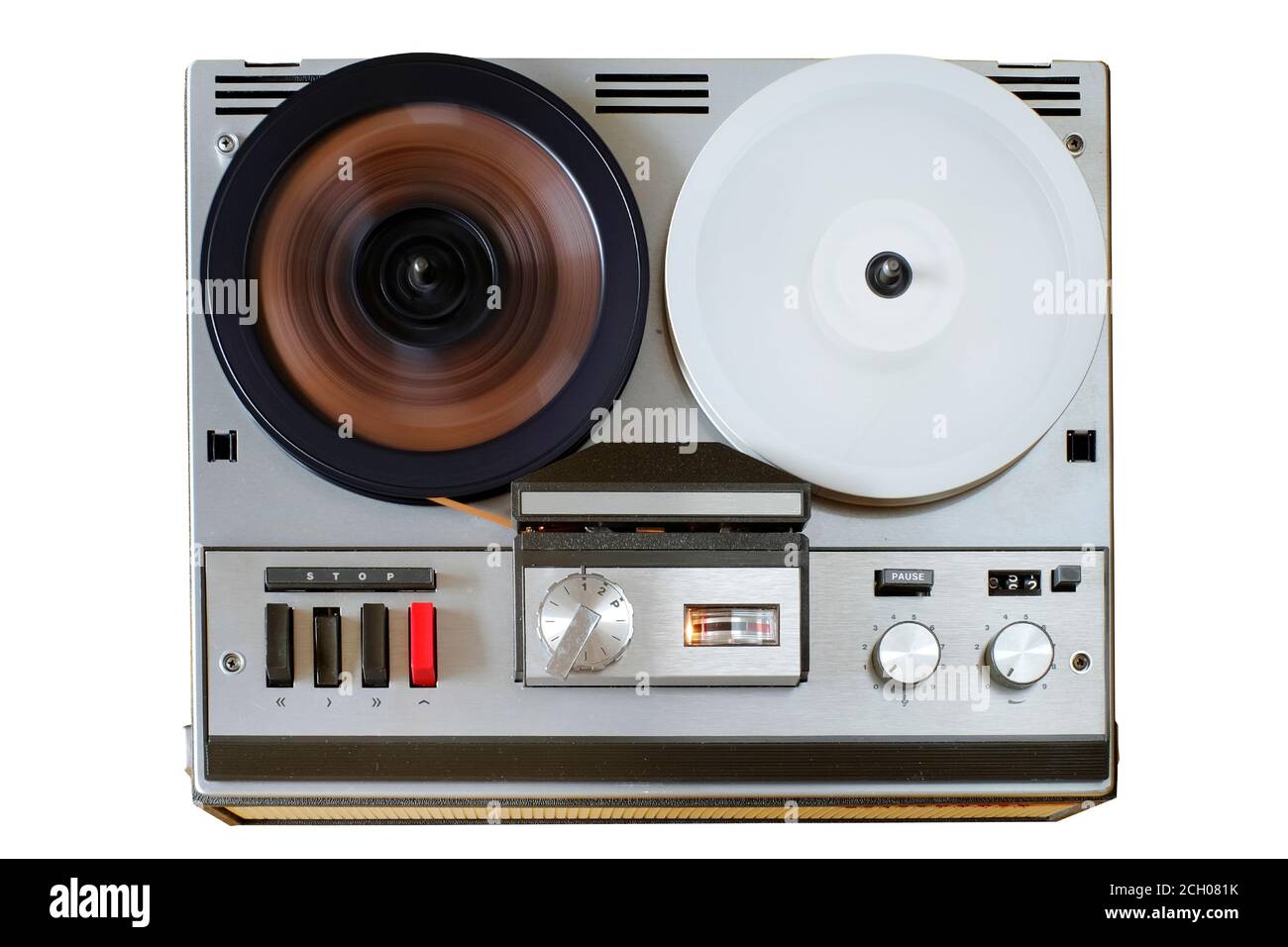 vintage reel to reel tape recorder, open reel audio recorder. Isolated on white, nostalgic audio gear Stock Photo