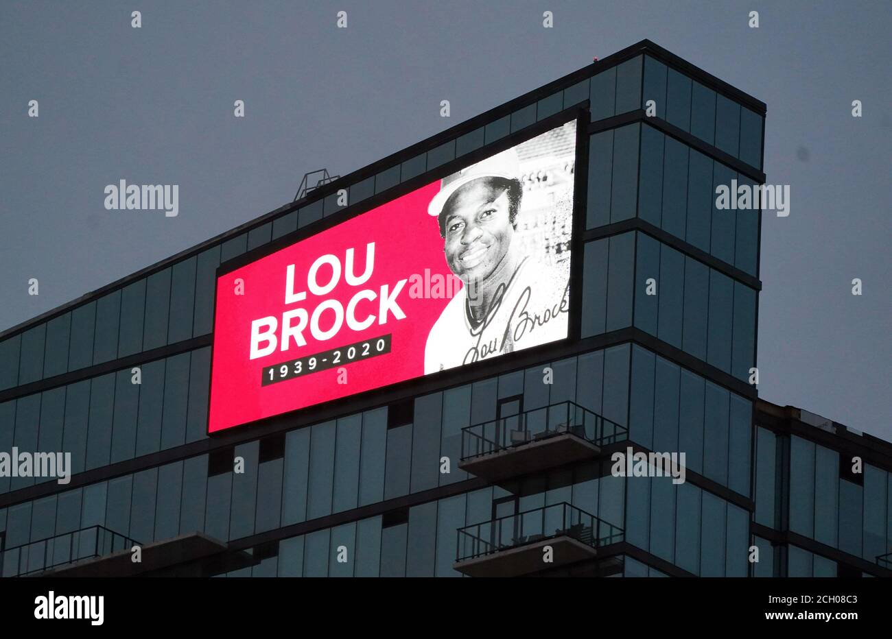 A memorial to Lou Brock, the former Cardinals player and member of the National Baseball Hall of Fame is displayed atop of One Cardinal Way, an apartment building across the street from Busch Stadium  in St. Louis on Saturday, September 12, 2020. Brock died on September 6, 2020 at the age of 81. Photo by Bill Greenblatt/UPI Stock Photo