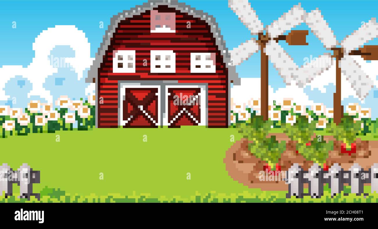 Farm scene in nature with barn and windmill illustration Stock Vector ...