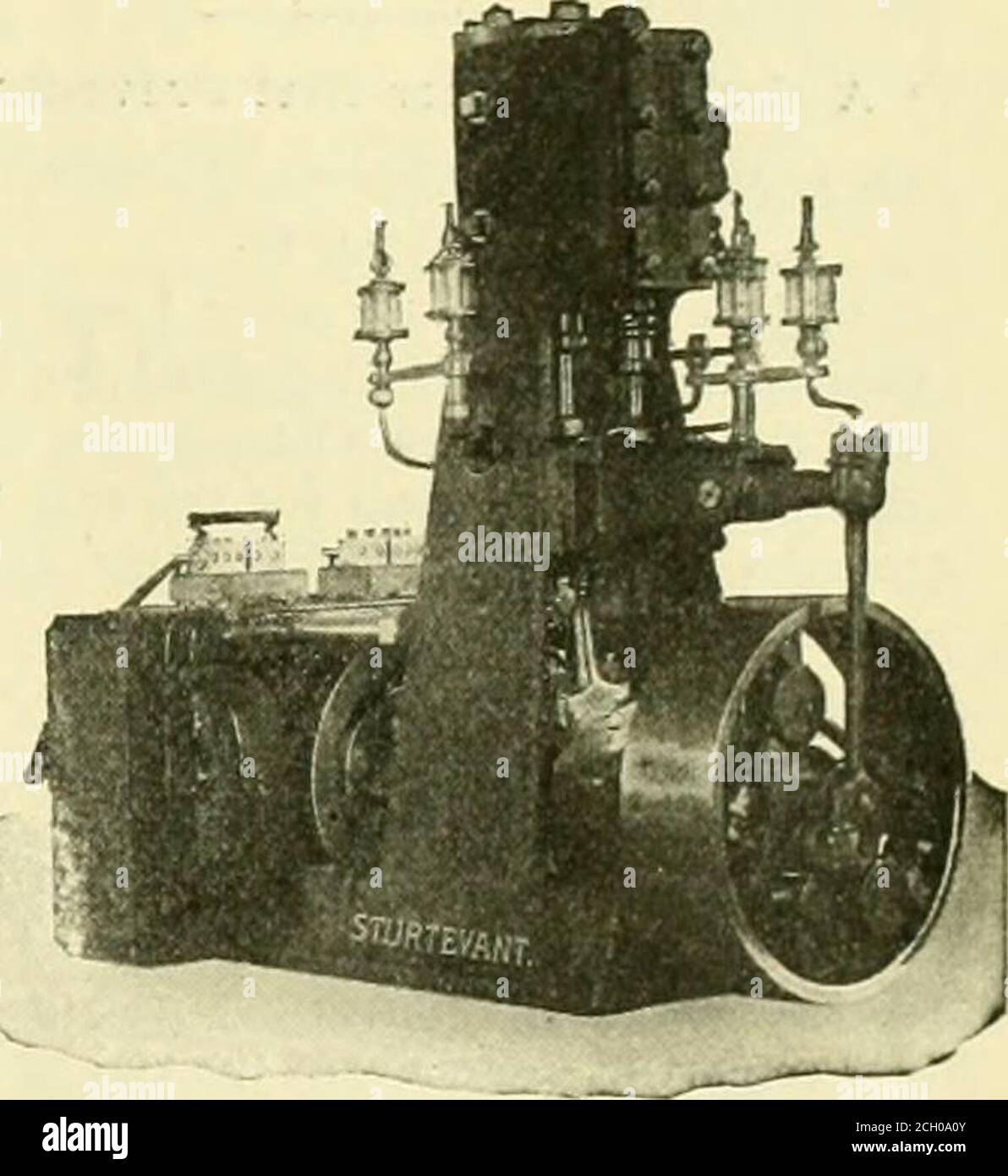 . Railway and locomotive engineering : a practical journal of railway motive power and rolling stock . ing purposes, and built bythe B. F. Sturtevant Company, of Boston,^lass. The engine has a cylinder 3 inchesin diameter and a stroke of 2/&lt; inches. It is self-contained, as is clearly indicated,and the speed is regulated by shaft gov-ernor. It has a piston valve, adjustablebearings, with direct-oiling devices. Aspeed of 300 revolutions per minute isattainable, and may be constantly main-tained with accurate regulation. The generator is of the 2^i-kilowattsize, designed to develop its rated Stock Photo