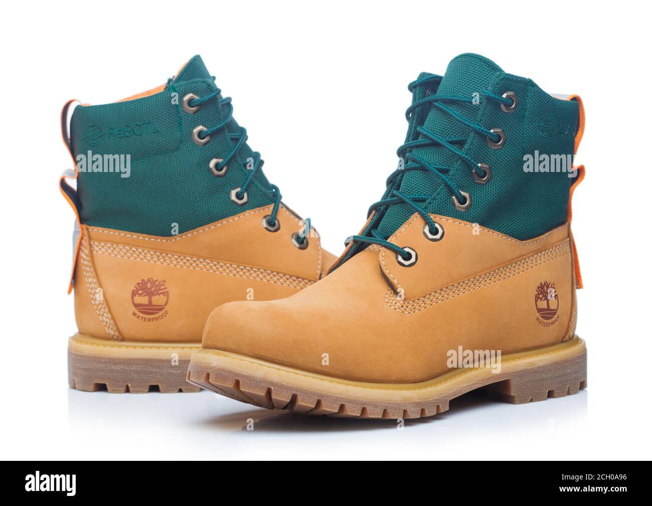 LONDON, UK - SEPTEMBER 09, 2020: Timberland 6 inch rebotl fabric and leather boots for women in on white background Stock Photo - Alamy