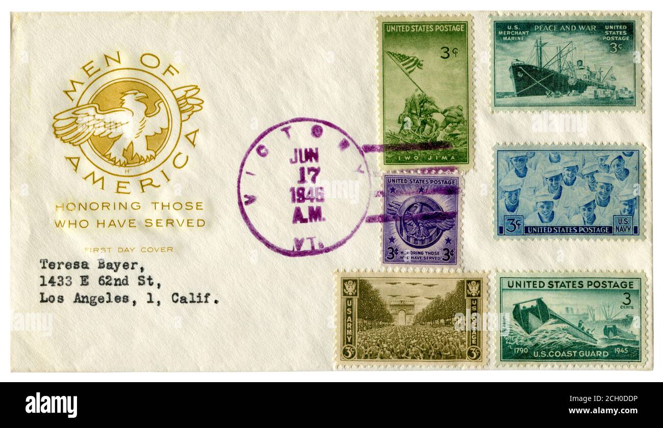 The USA, 17 June 1946: US historical envelope: cover with a patriotic cachet Men of America, Honoring those who have served, Victory stamps Stock Photo