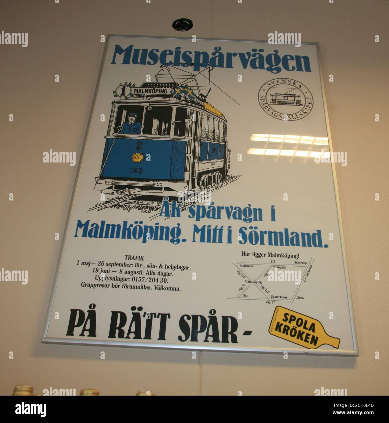 HISTORIC TRAMS in Malmköping Sweden.Posters on wall in one of the old carriages Stock Photo