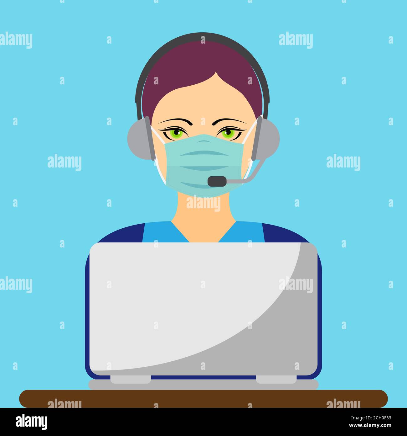 Young woman call center agent wearing a face mask Stock Vector