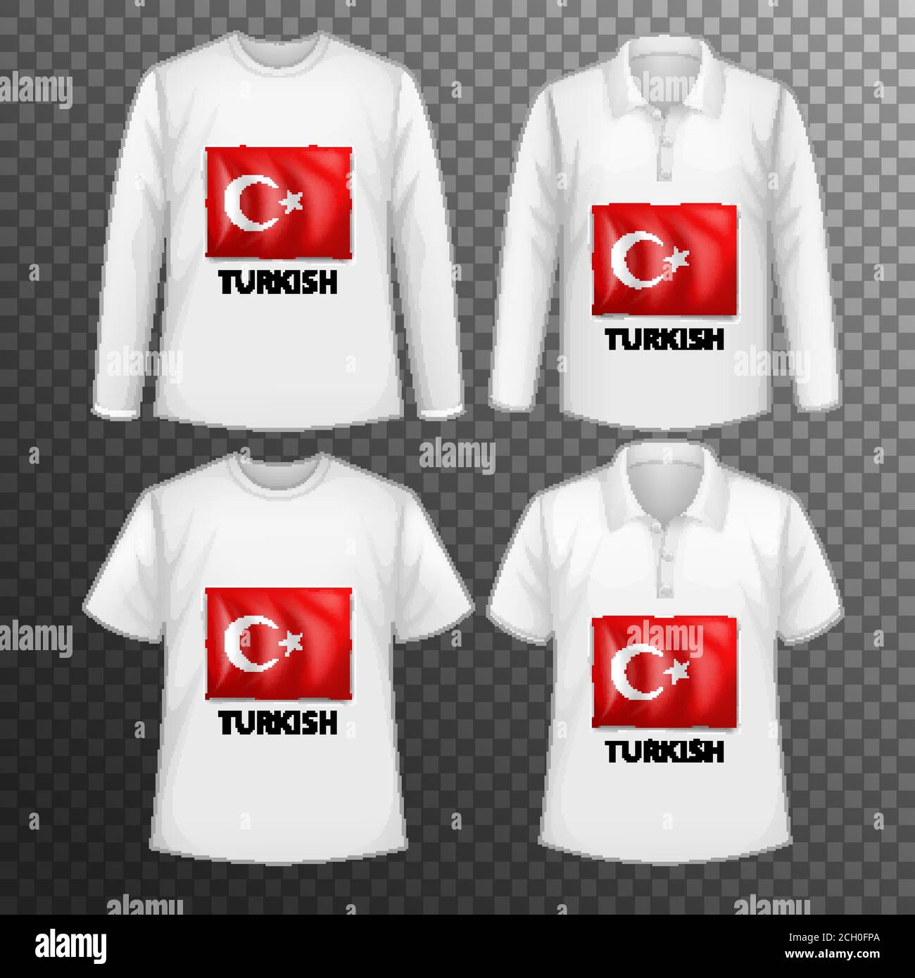 Set of different male shirts with Turkish flag screen on shirts isolated illustration Stock Vector