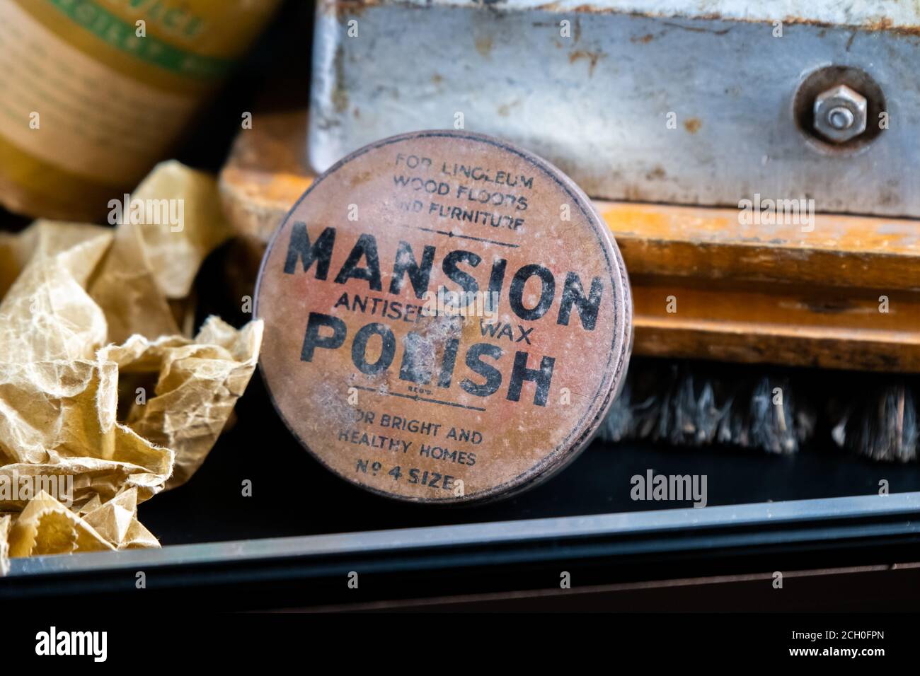 Vintage Antiseptic wax polish from the 1900's on display in a museum in