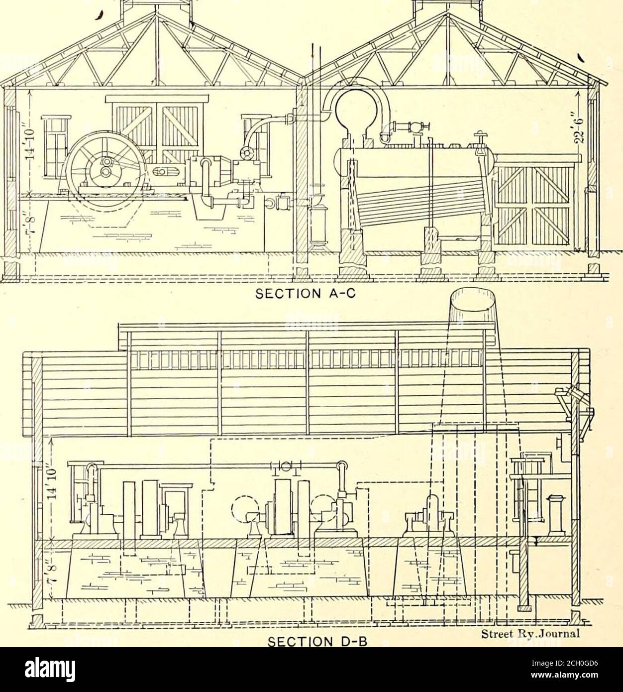 . The Street railway journal . PLAN AND SECTIONS OF taining the most severe service. The character and extent ofthe trestle work are shown in the views presented, and the de-tails in the plan, section and elevation herewith. Timber usedfor trestles is all selected long-leaf yellow pine, put up with thegreatest care. It is all drift-pin construction, steel pins beingused for the purpose. either direction, additional feeder is run for about 2 miles,This low-tension feed wire instead of being placed on crossarms or brackets, is suspended upon a porcelain insulator,through which the span-wire is r Stock Photo