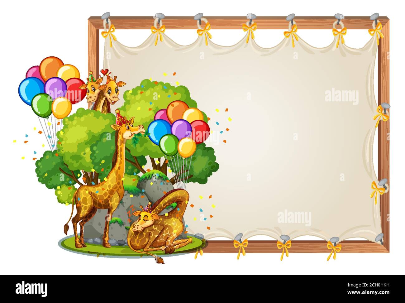 Canvas wooden frame template with giraffes in party theme isolated ...