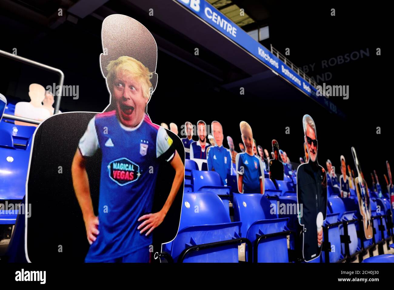 13th September 2020; Portman Road, Ipswich, Suffolk, England, English League One Footballl, Ipswich Town versus Wigan Athletic; A picture of Prime Minister Boris Johnson is seen in the stands Stock Photo