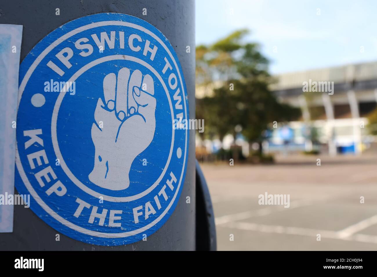 13th September 2020; Portman Road, Ipswich, Suffolk, England, English League One Footballl, Ipswich Town versus Wigan Athletic; A Ipswich Town sticker is seen outside of the ground Stock Photo