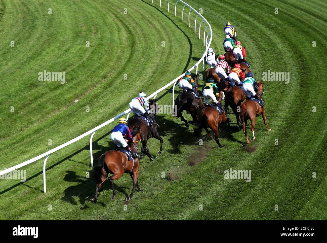 A general view of runners and riders as they take the bend in the Signs Express Handicap (Div 1) at Bath Racecourse. Stock Photo