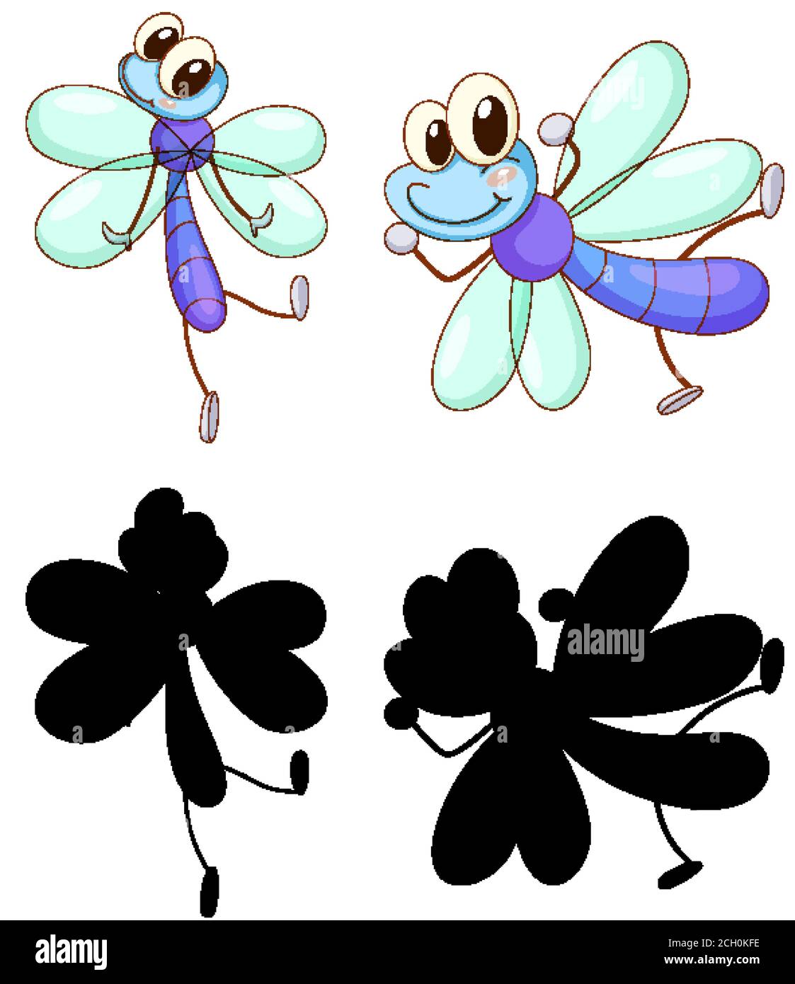 Set of insect cartoon character and its silhouette on white background ...