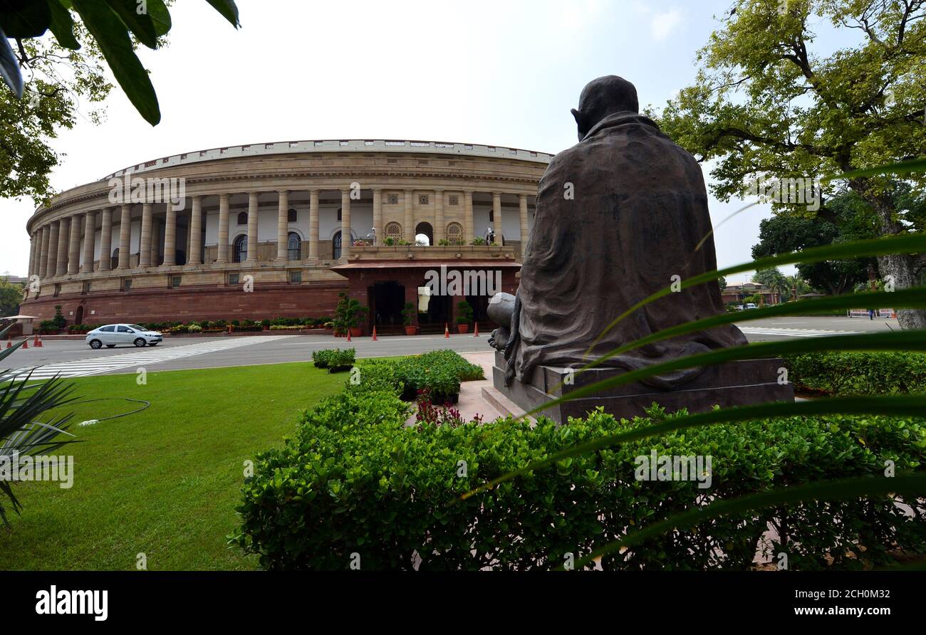 New Delhi, India. 13th September, 2020.  A view of Indian Parliament House ahead of the Monsoon Session, in New Delhi.Parliament Building is such an iconic structure in Delhi. Parliament is fully prepared for the 18-day Monsoon Session from Monday, Sept. 14, 2020, under the shadow of the coronavirus pandemic with many firsts, including sitting of the two Houses in shifts without any off day, entry only to those having a negative COVID-19 report and compulsory wearing of masks. Credit: PRASOU/Alamy Live News Stock Photo