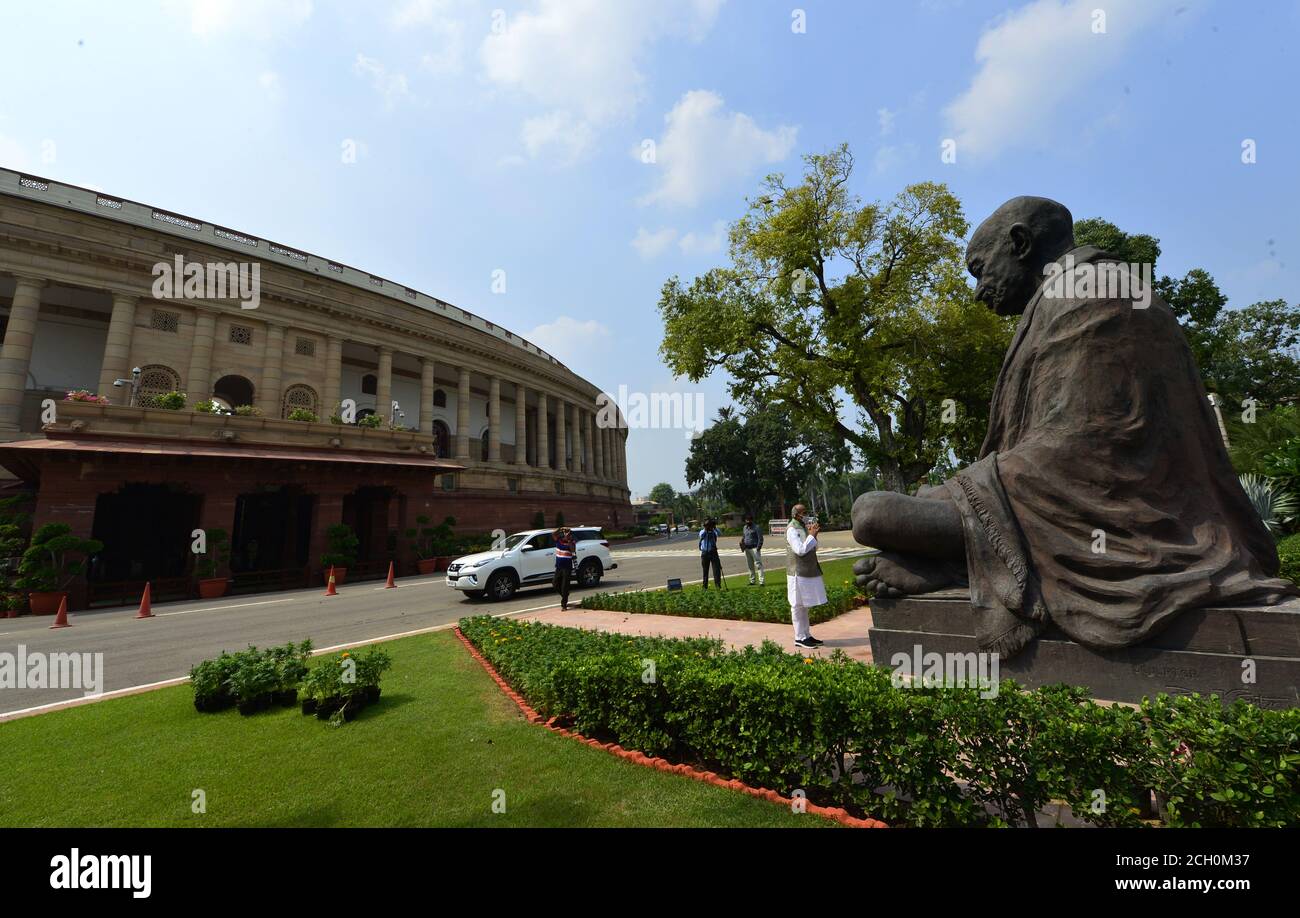 New Delhi, India. 13th September, 2020. A view of Indian Parliament House ahead of the Monsoon Session, in New Delhi.Parliament is fully prepared for the 18-day Monsoon Session from Monday, Sept. 14, 2020, under the shadow of the coronavirus pandemic with many firsts, including sitting of the two Houses in shifts without any off day, entry only to those having a negative COVID-19 report and compulsory wearing of masks. Credit: PRASOU/Alamy Live News Stock Photo