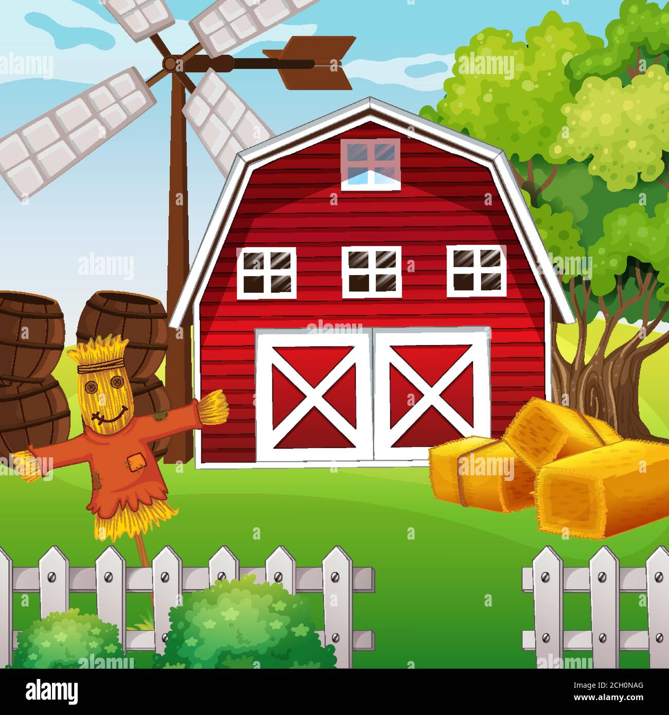 Farm scene in nature with barn and scarecrow illustration Stock Vector ...