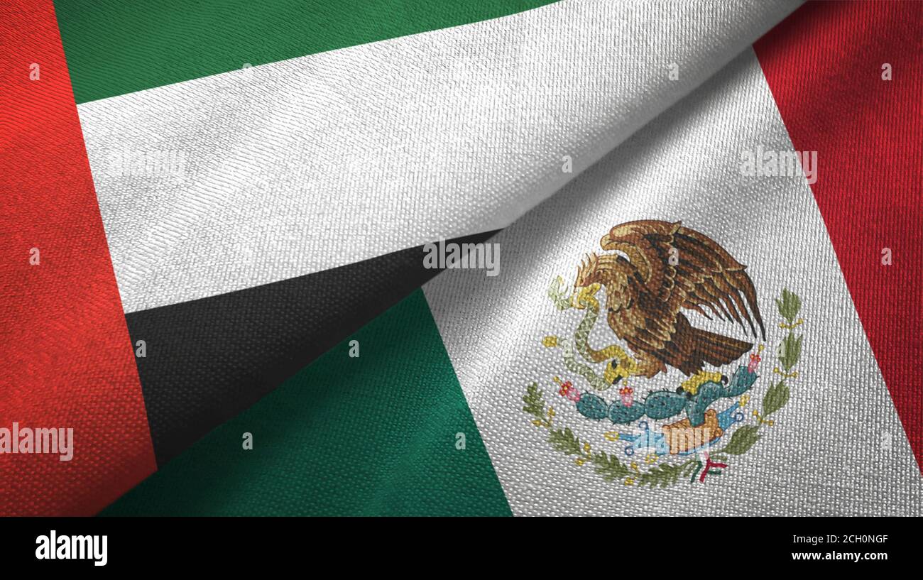 United Arab Emirates and Mexico two flags textile cloth, fabric texture Stock Photo