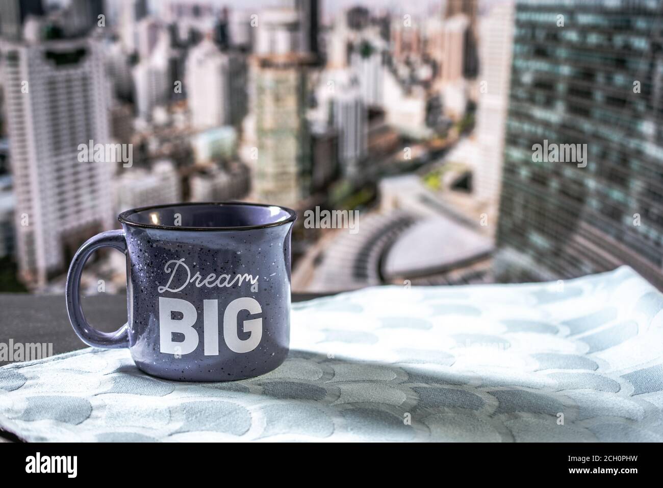 Close up of cup of coffee or tea. New York City panorama is at the background. Concept of business person morning. Stock Photo