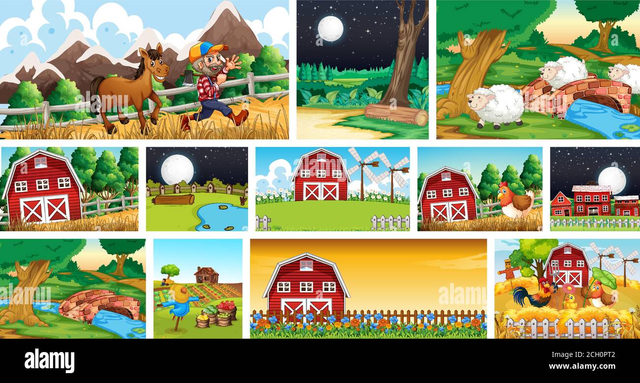 Set of different farm scenes with animal farm cartoon style ...