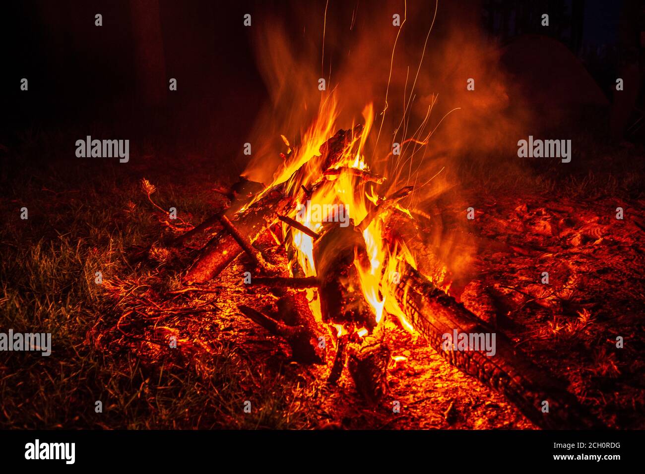 bonfire at night in the forest, sparks from a fire Stock Photo - Alamy