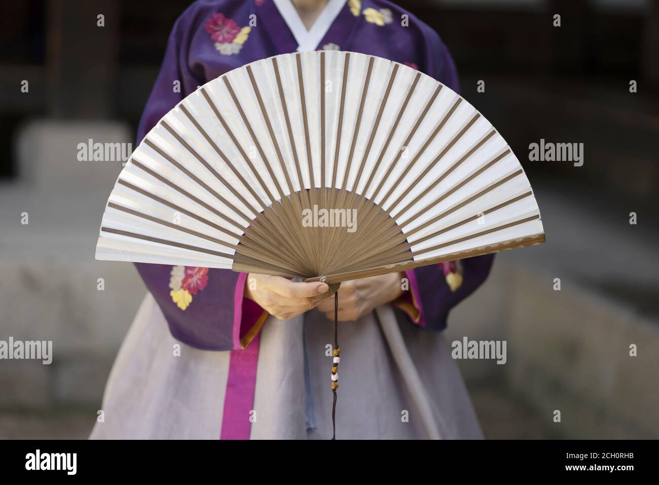 Woman in Korean traditional clothes holding Korean traditional fan Stock Photo